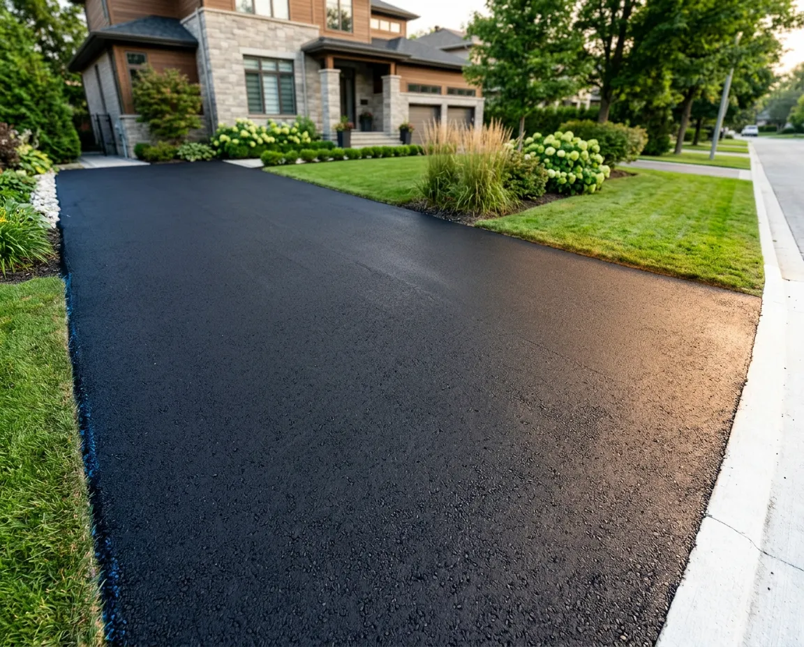 Freshly sealcoated asphalt driveway showing a clean deep-black finish and crisp edges