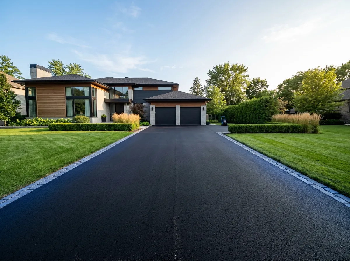 Pristine residential asphalt driveway installation with clean edges and smooth blacktop finish