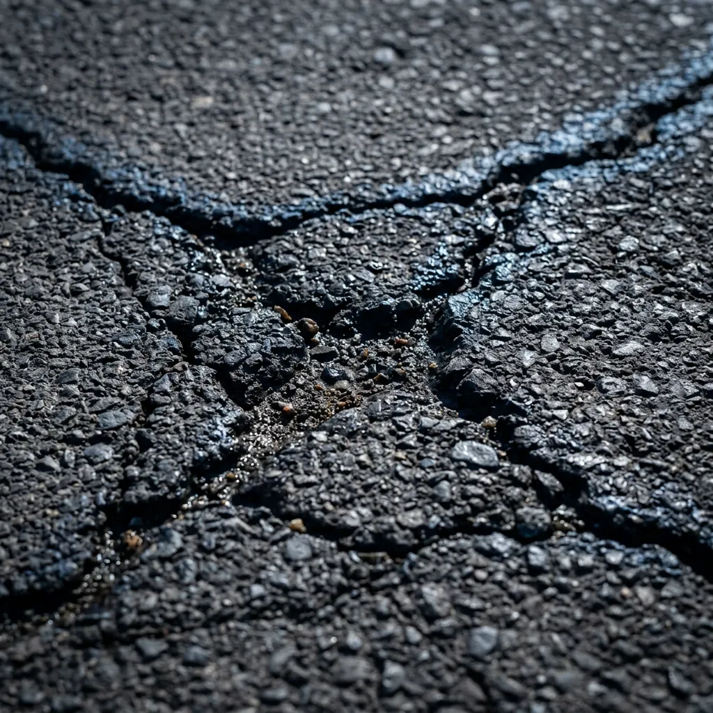 Severe alligator asphalt cracking and water penetration damage on an untreated commercial parking lot