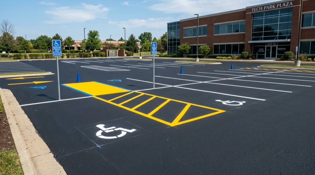 Commercial parking lot with razor-sharp yellow and white traffic line striping and ADA stalls