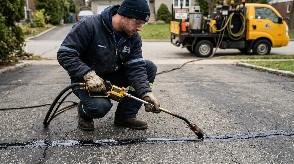 Worker applying hot rubberized crack sealant to driveway fissure with professional applicator wand