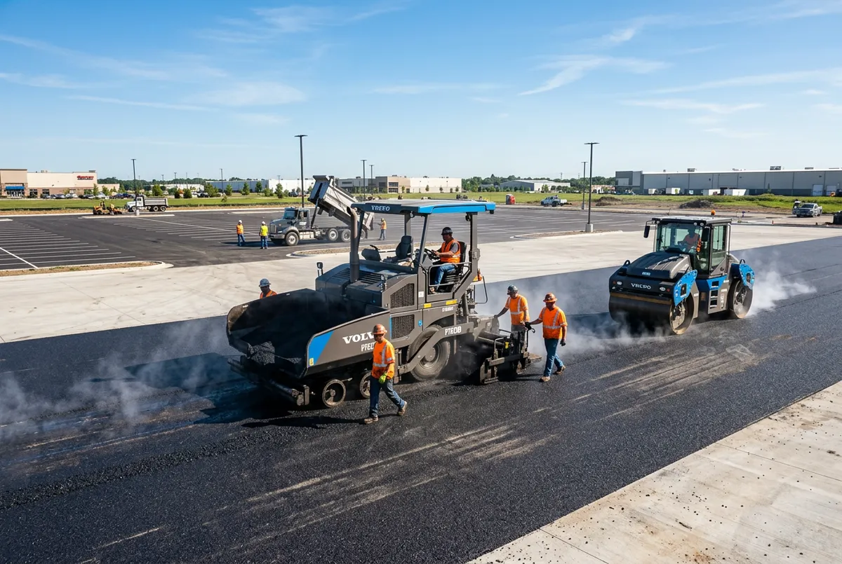 Heavy paving machine laying hot mix asphalt on broad commercial lot