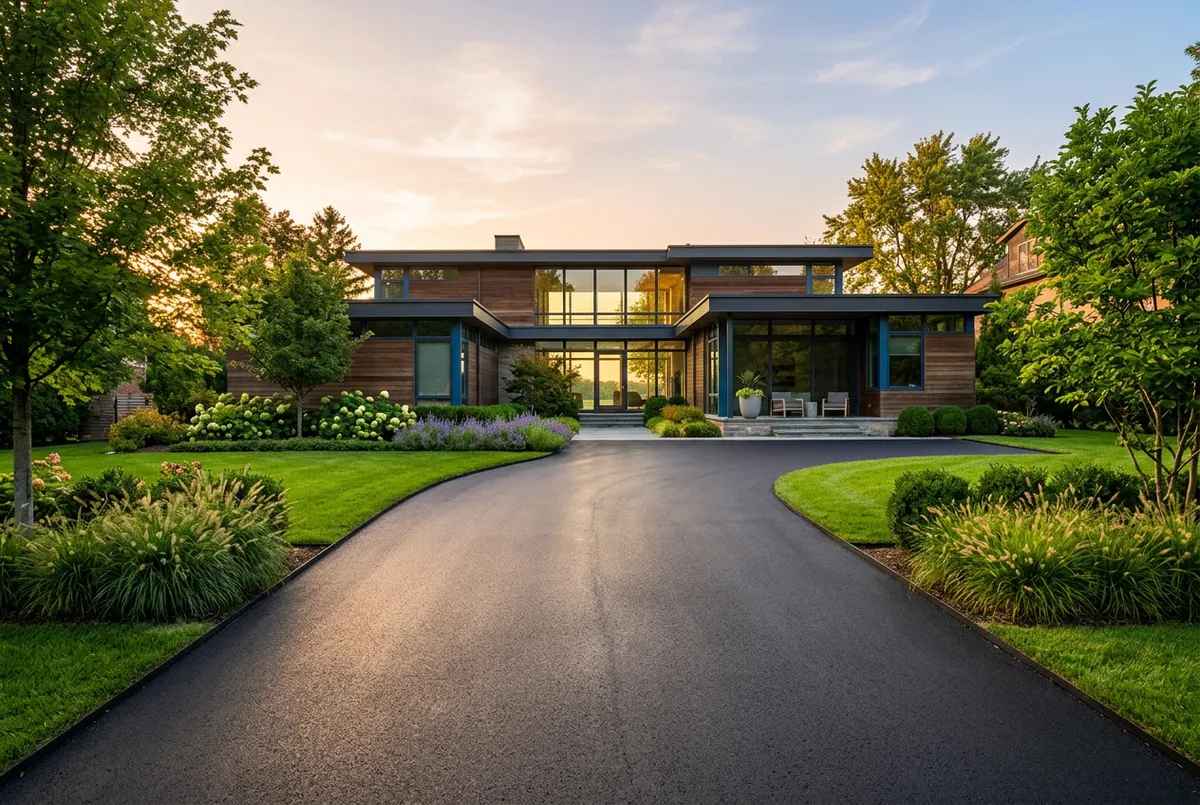 Pristine residential asphalt driveway newly installed with clean edges