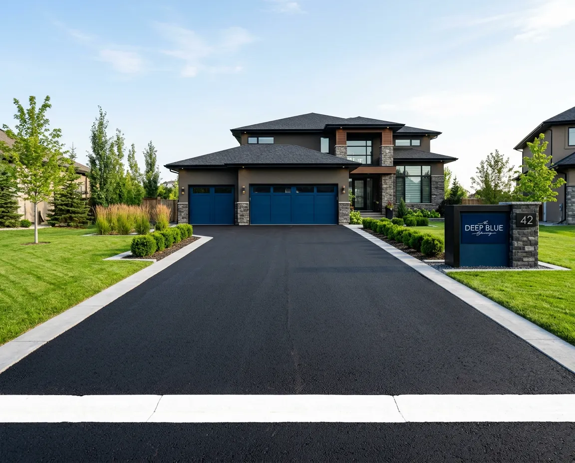 Pristine freshly paved asphalt residential driveway outside a modern home
