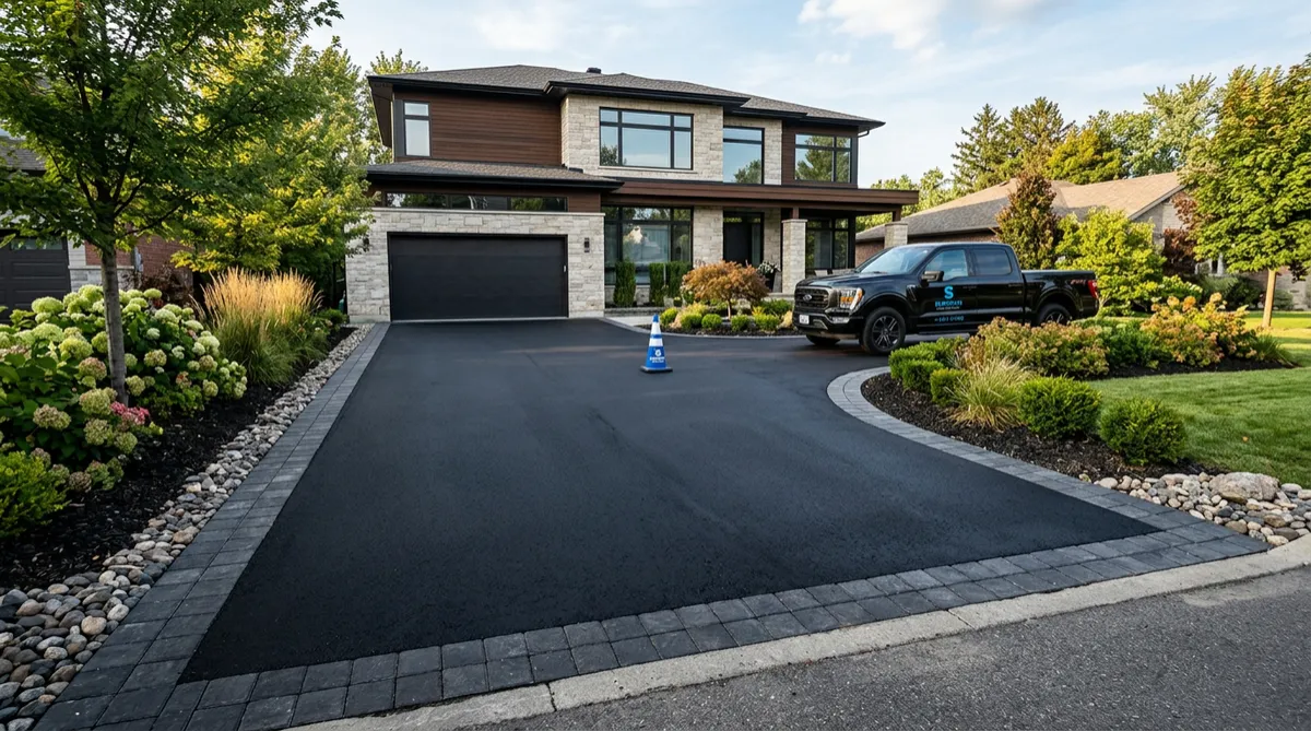 Freshly paved modern residential asphalt driveway with crisp borders