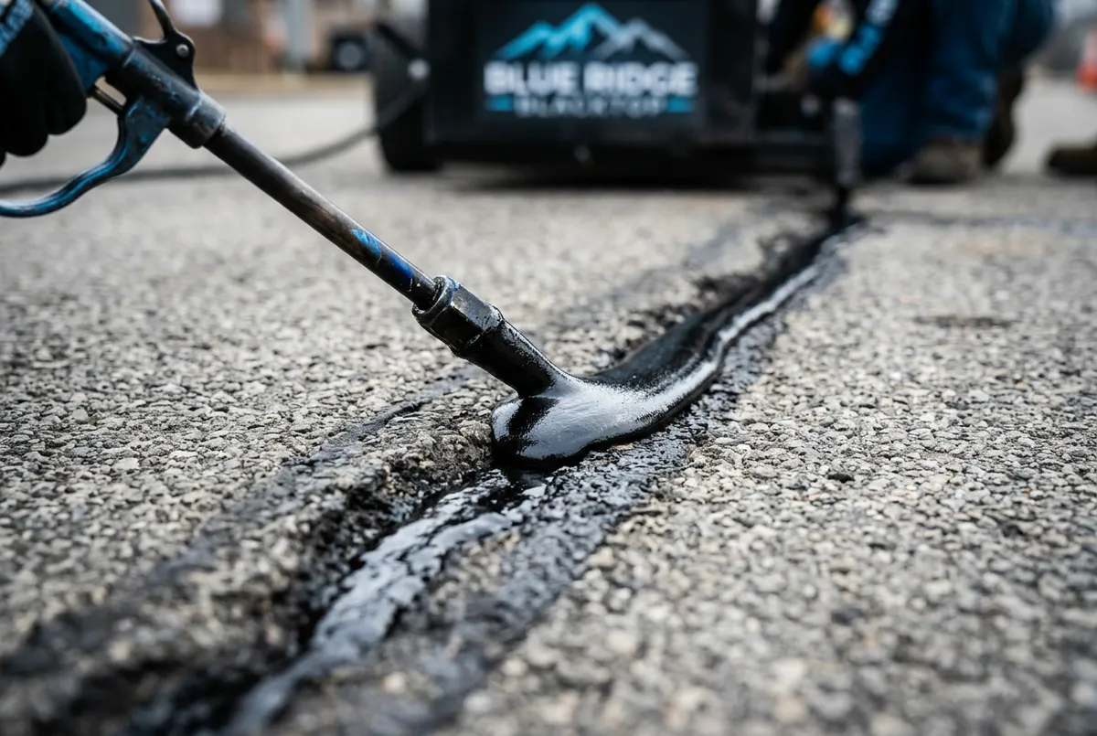 Direct hot-pour rubberized crack filling application on blacktop driveway