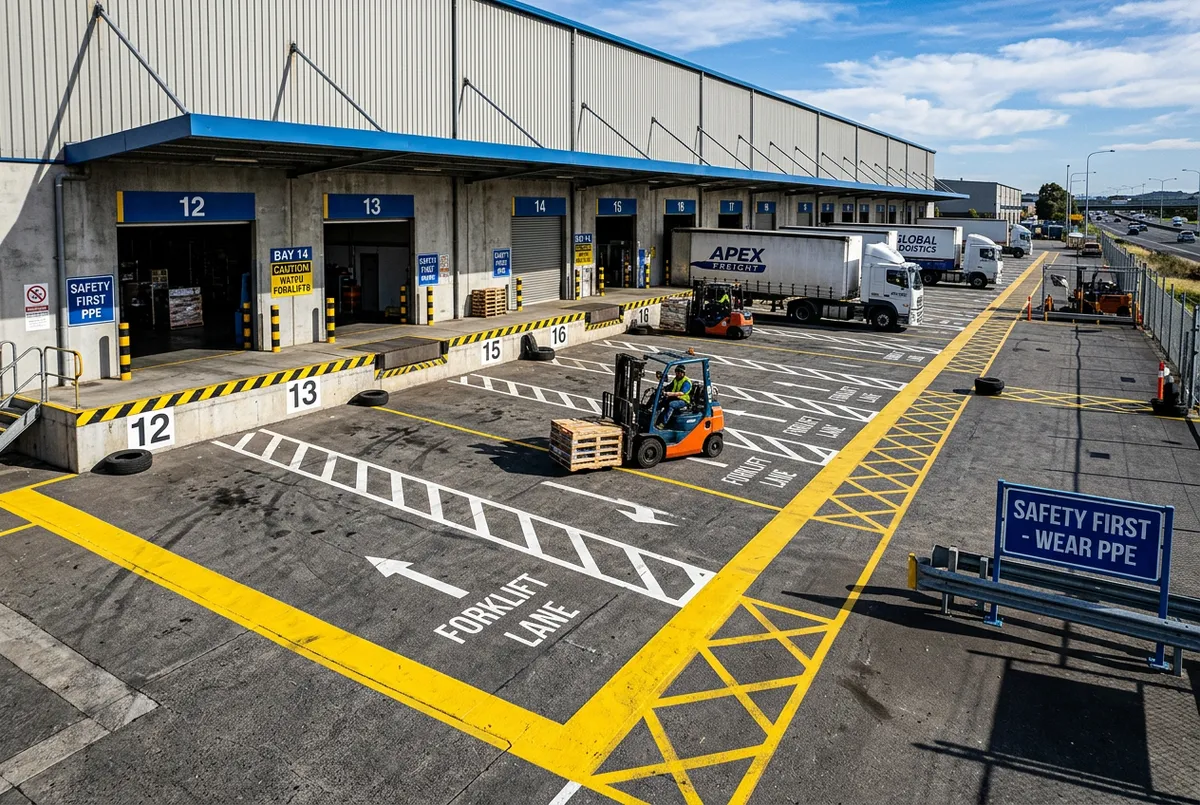Warehouse freight terminal with bright OSHA safety lines, loading dock bays, and forklift lanes
