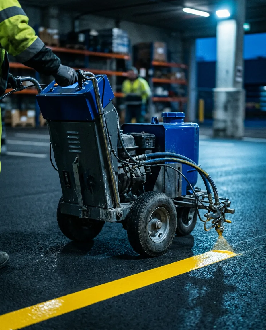 Professional line striping machine applying sharp white paint to smooth black asphalt in Upstate South Carolina