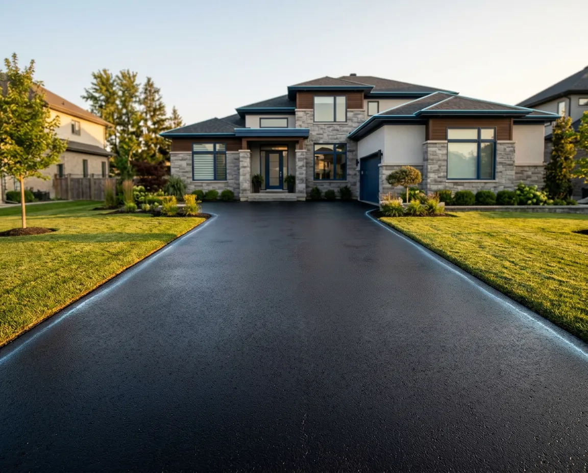 Pristine jet-black residential asphalt driveway in front of a modern suburban home