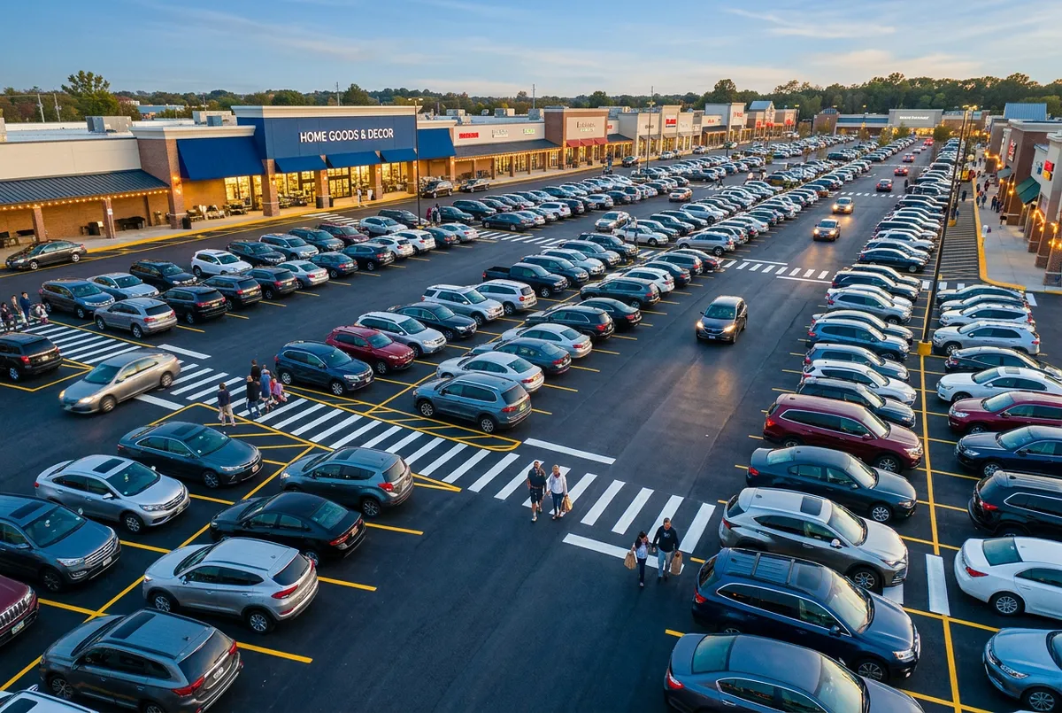 Retail shopping plaza parking lot freshly painted with bright white stalls and pedestrian walkways