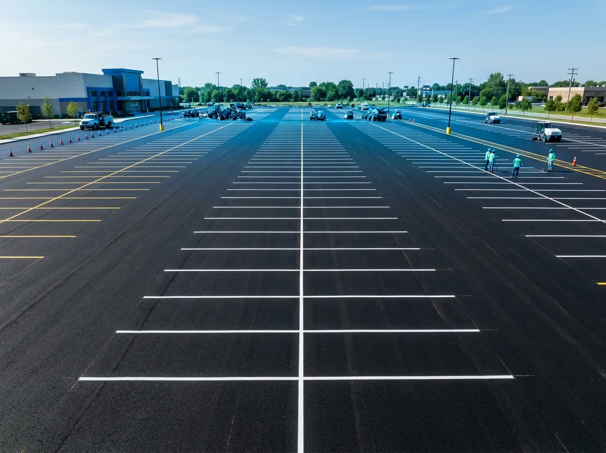 Commercial parking lot with high-contrast safety striping and heavy-duty asphalt finish