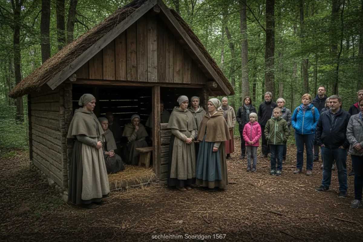 Ein quadratisches Bild eines alten Pergamentmanuskripts mit handgeschriebener deutscher Schrift, das auf einem Holztisch neben einer Feder und einem Tintenfass liegt. Sanftes natürliches Licht hebt die Textur des Papiers hervor und vermittelt ein Gefühl historischer Authentizität und Ehrfurcht vor dem Dokument.