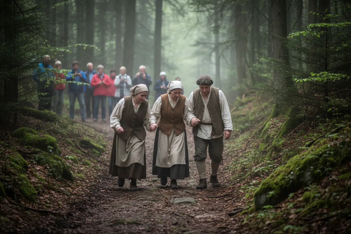 Ein quadratisches Bild eines alten Pergamentmanuskripts mit handgeschriebener deutscher Schrift, das auf einem Holztisch neben einer Feder und einem Tintenfass liegt. Sanftes natürliches Licht hebt die Textur des Papiers hervor und vermittelt ein Gefühl historischer Authentizität und Ehrfurcht vor dem Dokument.