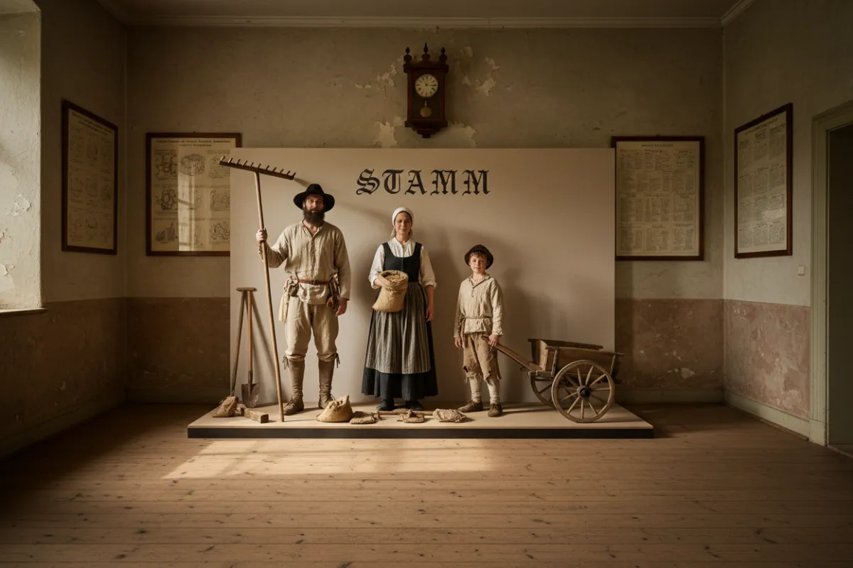 Ein quadratisches Bild eines alten Pergamentmanuskripts mit handgeschriebener deutscher Schrift, das auf einem Holztisch neben einer Feder und einem Tintenfass liegt. Sanftes natürliches Licht hebt die Textur des Papiers hervor und vermittelt ein Gefühl historischer Authentizität und Ehrfurcht vor dem Dokument.