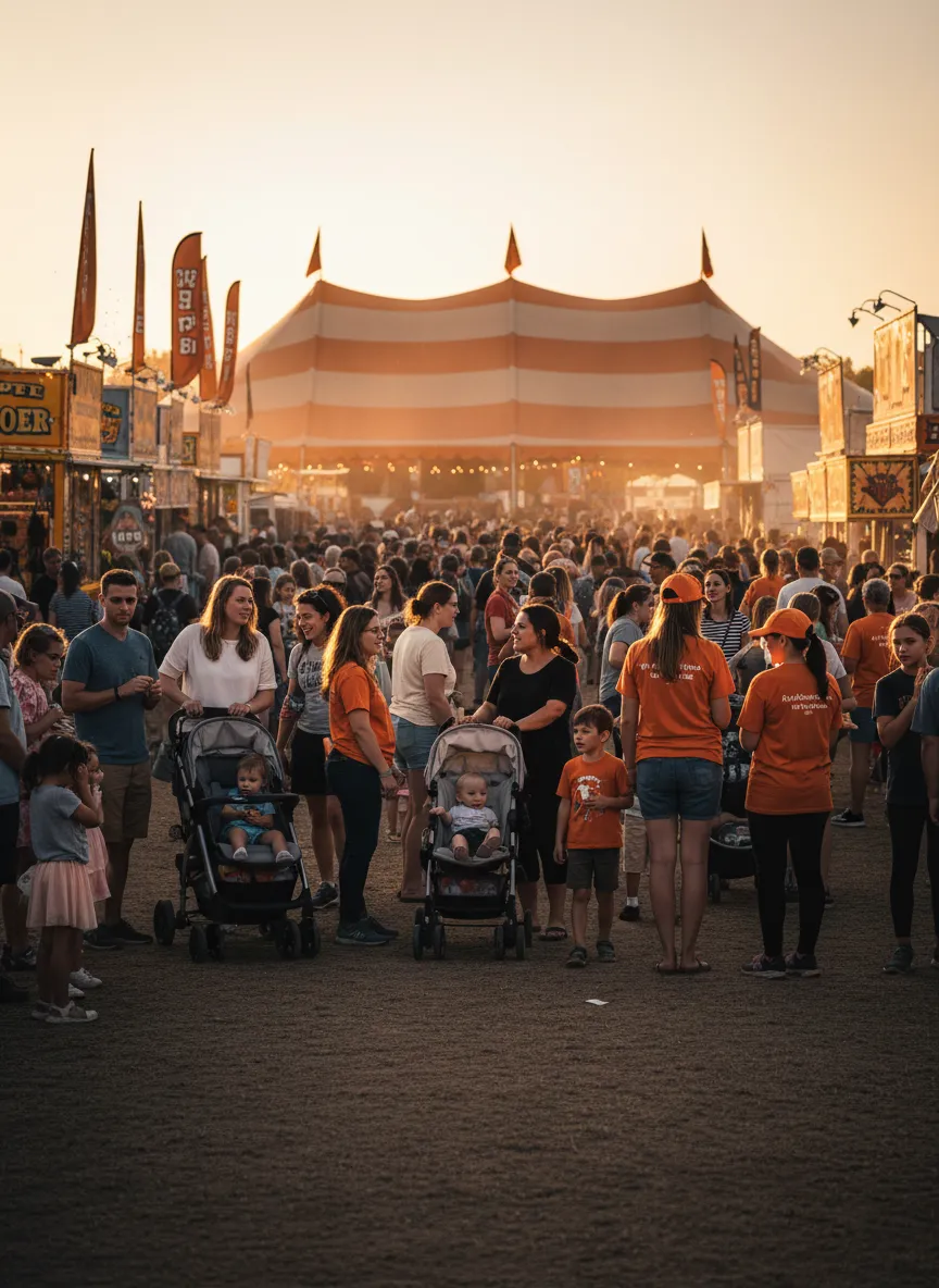 A candid documentary-style photo of a massive crowd gathering at a local community fair