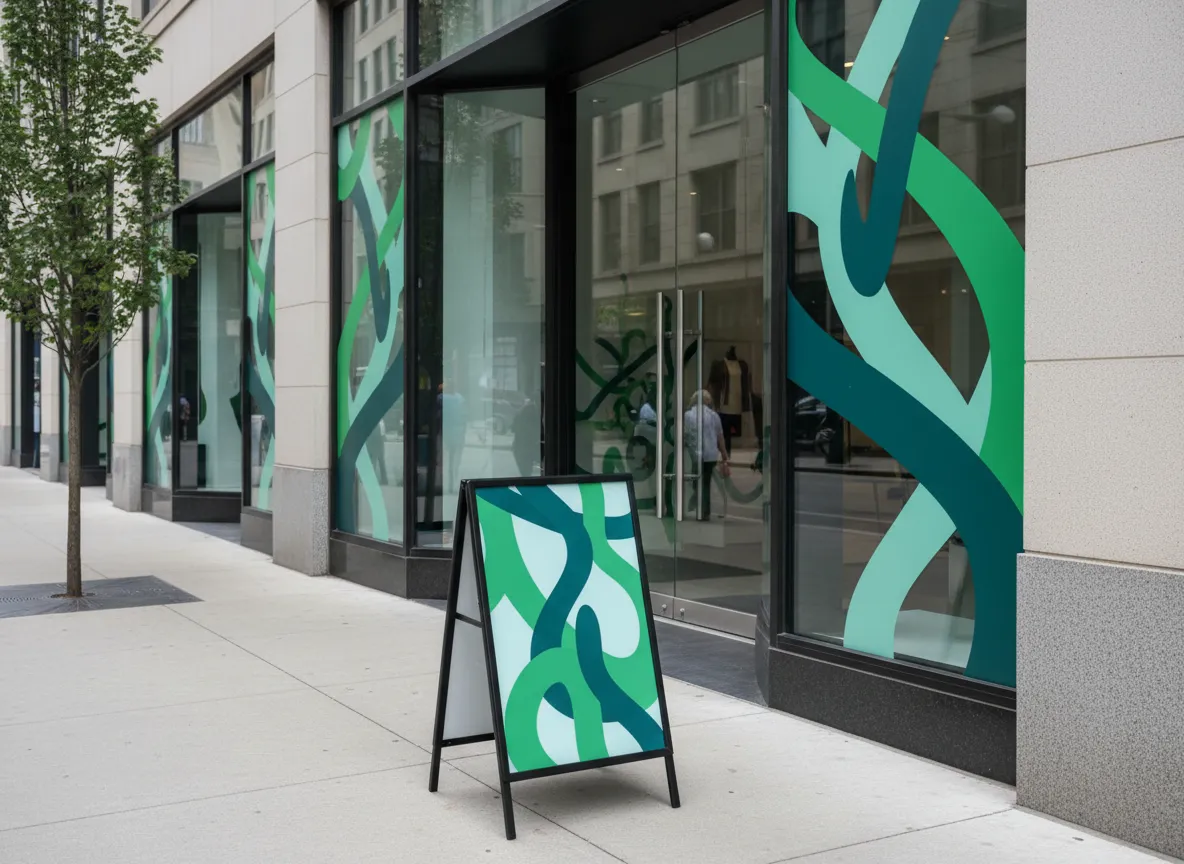 Retail boutique window graphics and sidewalk sign