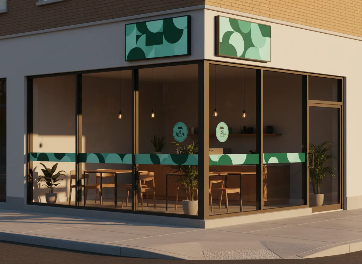 Modern café storefront signage and window graphics