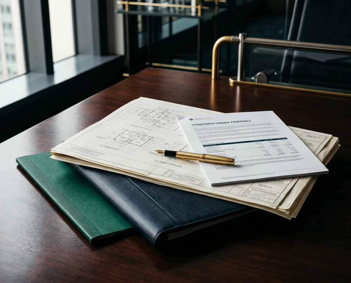 Executive commercial real estate consultation review over architectural blueprints and structured finance proposals