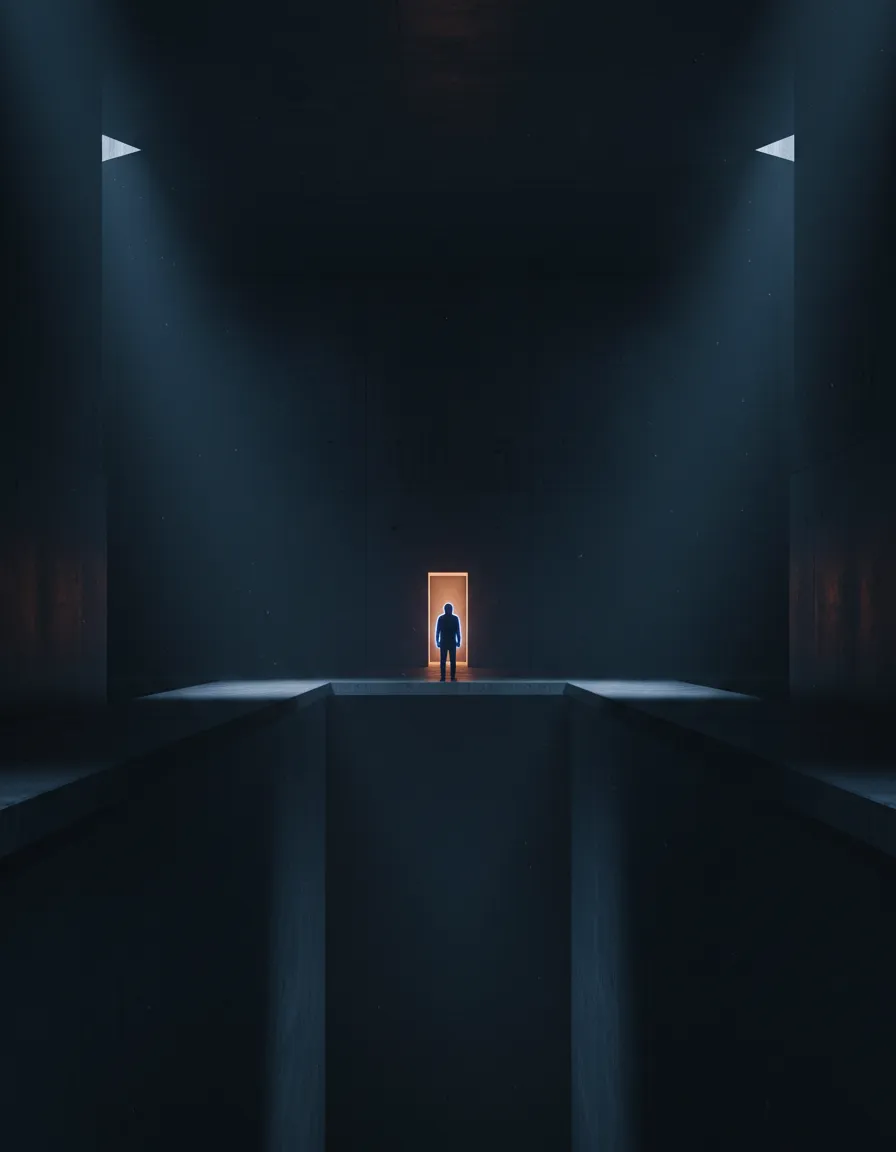 A solitary figure navigating a vast, softly lit architectural maze, representing the digital visibility gap.