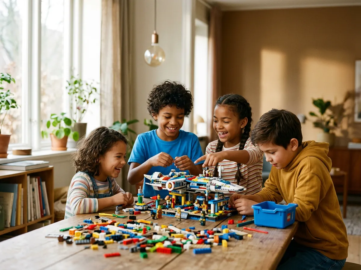 Gyerekek izgalmas LEGO építés és nyári napközis alkotó tábor közben