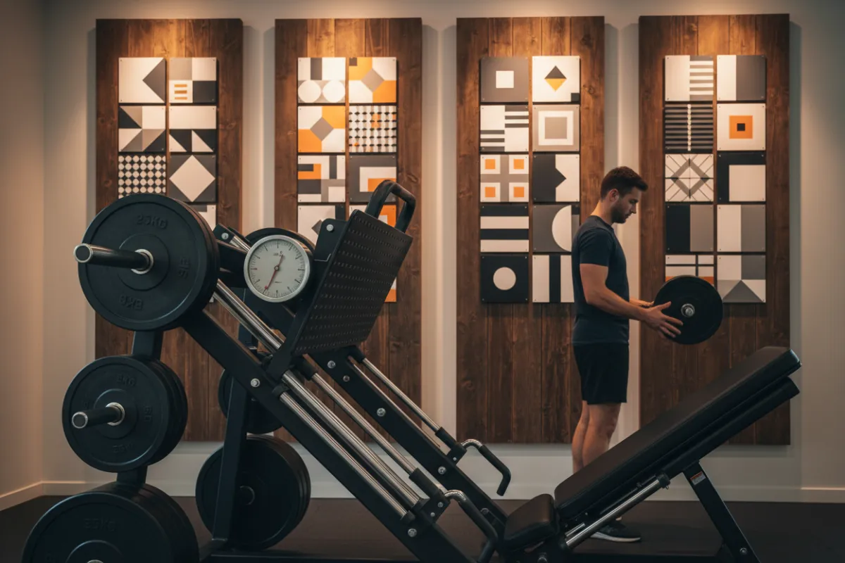 Close view of calibrated strength equipment and numbered protocol boards on the wall, warm studio lighting, a single coach preparing a simple loading demonstration, composed to show structure and professional tools.