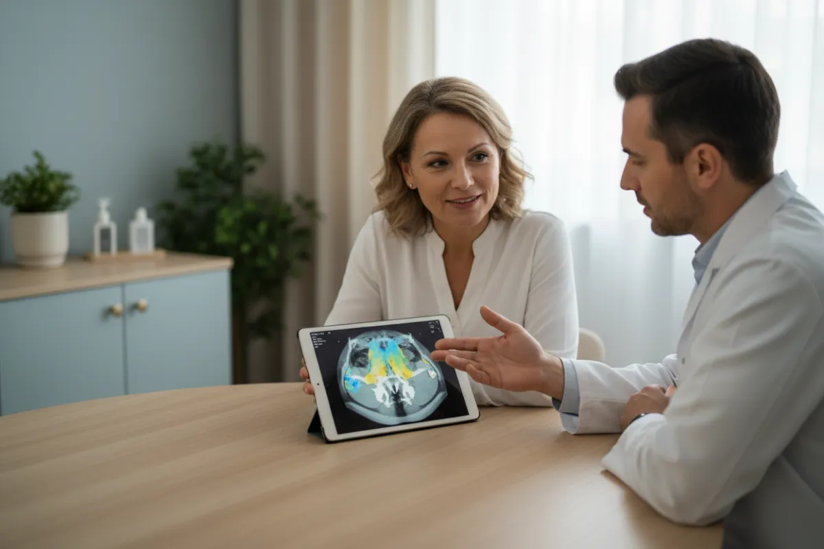 A middle-aged woman and a clinician review a digital bone scan on a tablet in a softly lit consultation room. The clinician gestures calmly, explaining results. The environment is neutral and reassuring, with subtle medical equipment in the background.