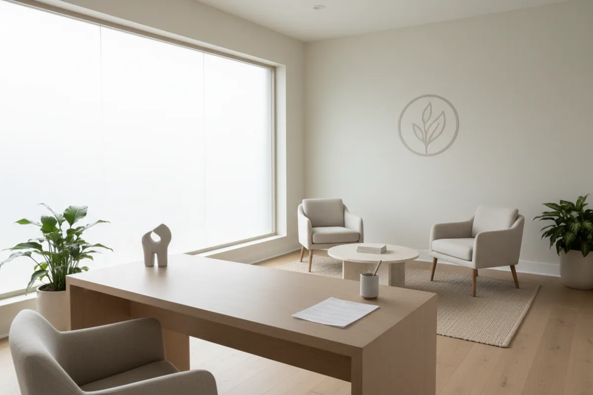 Calm reception and consultation area with neutral finishes, folded client intake forms on a tidy desk, subtle branding elements, and natural light conveying privacy, professionalism, and a low-stimulus environment.