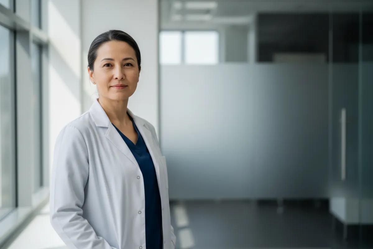 Confident mid-aged woman in a clinical setting, photorealistic editorial style