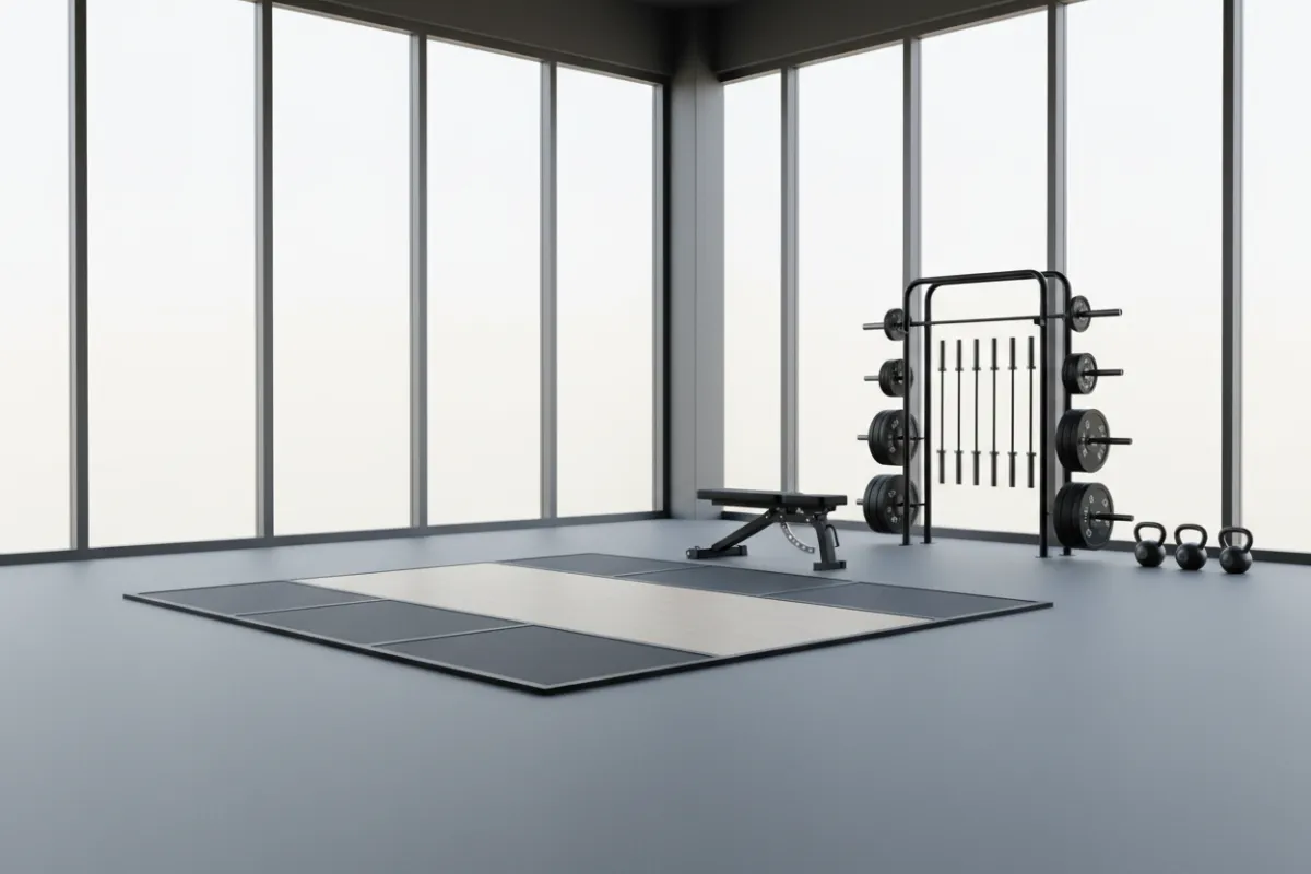 Bright, minimalist private training bay with a single purpose-built lifting platform, soft natural light through frosted windows, clean matte flooring, and well-ordered equipment racks emphasizing safety and uncluttered coaching space.