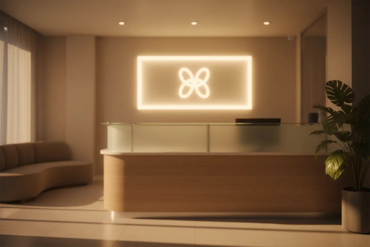 Clinic reception desk and logo signage blurred, photorealistic footer decoration