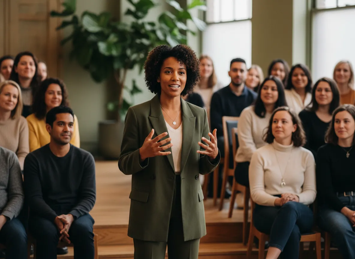 Assata Thomas speaking warmly to an audience