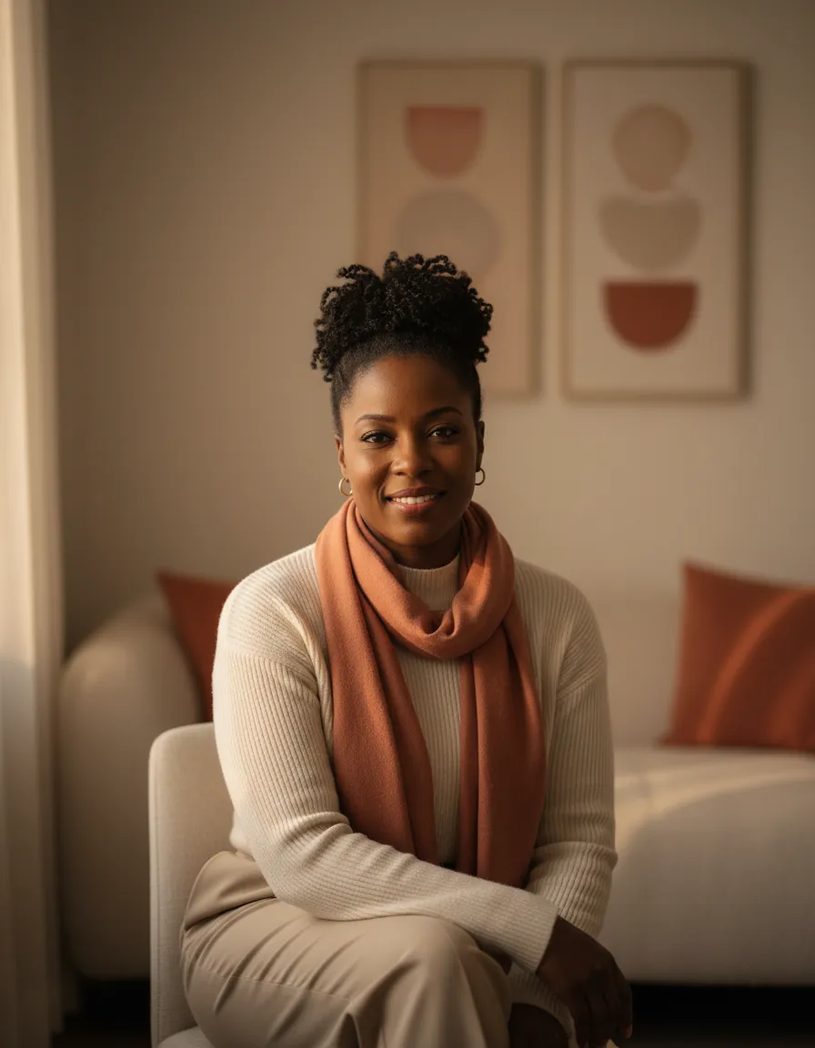 Portrait of Assata Thomas smiling in a warm, welcoming setting