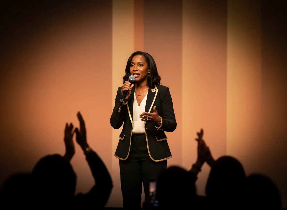 Assata Thomas speaking at an event with an engaged audience