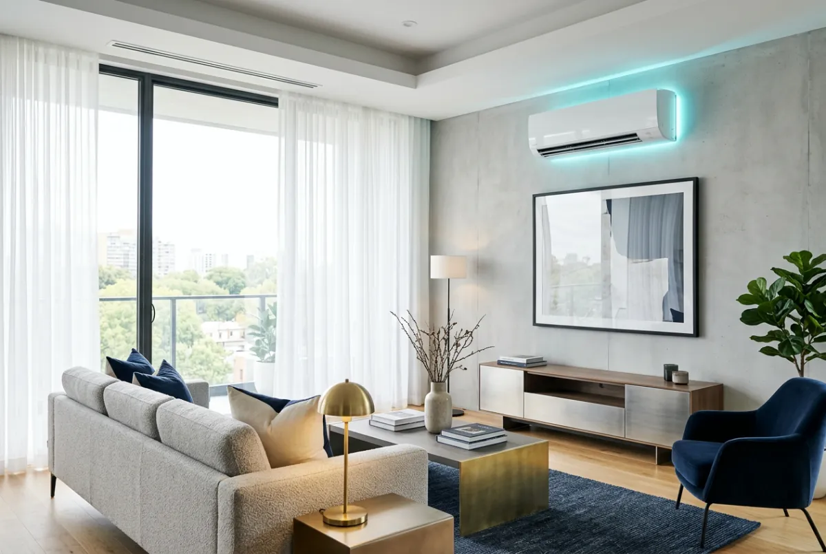 Climatización y aire acondicionado en sala residencial moderna