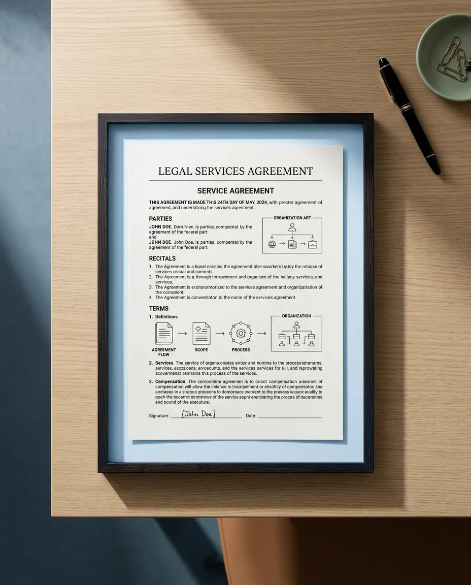 Framed editorial legal privacy policy document on executive desk