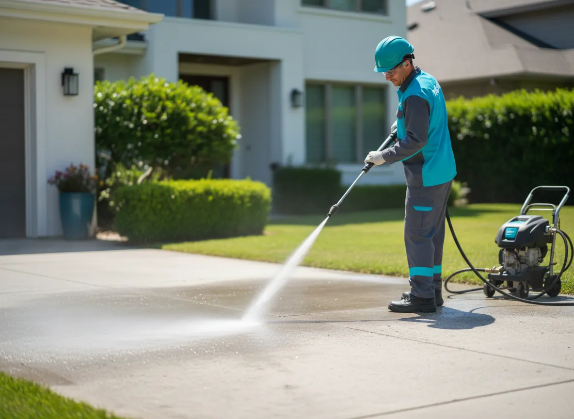 Technician pressure washing a residential driveway