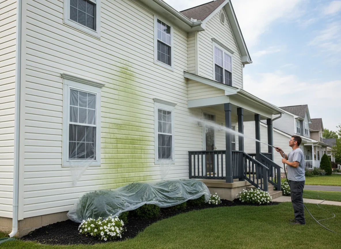 House siding being soft washed