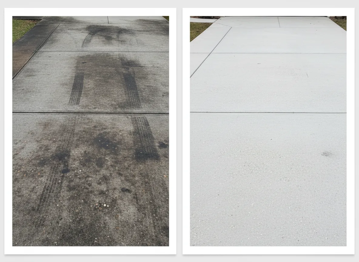 Driveway and concrete pressure washing before and after