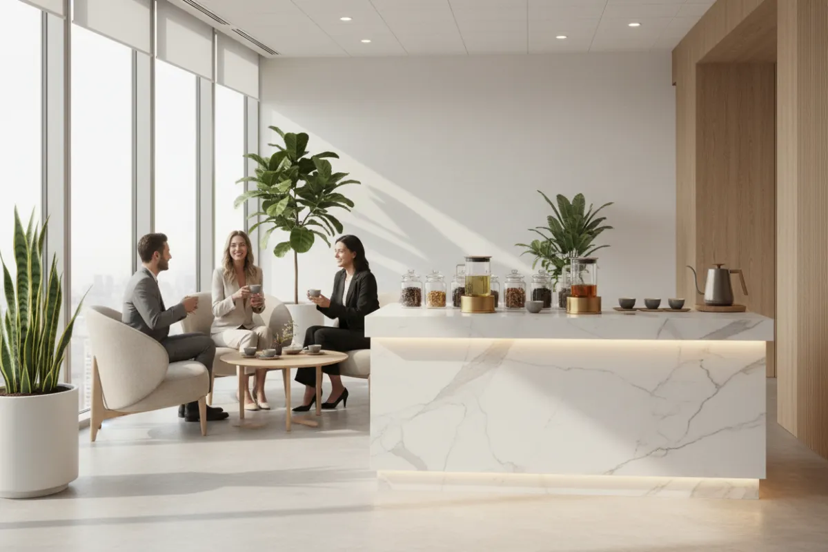 Luxury tea service setup in modern office lounge with diverse professionals