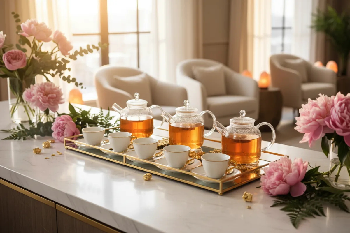 A luxurious tea bar setup with glass teapots, elegant porcelain cups, and a gold-accented tray, surrounded by fresh botanicals and soft pink peonies. The scene is sunlit, with a marble countertop and a blurred background of a boutique wellness lounge, evoking exclusivity and tranquility.