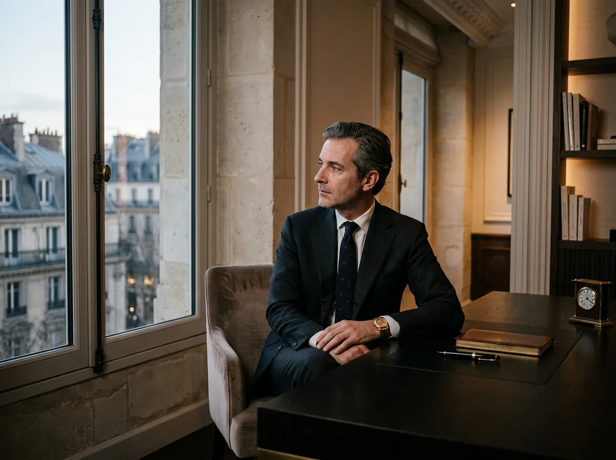 Dirigeant d'entreprise en moment de réflexion et d'épuisement discret dans un bureau contemporain