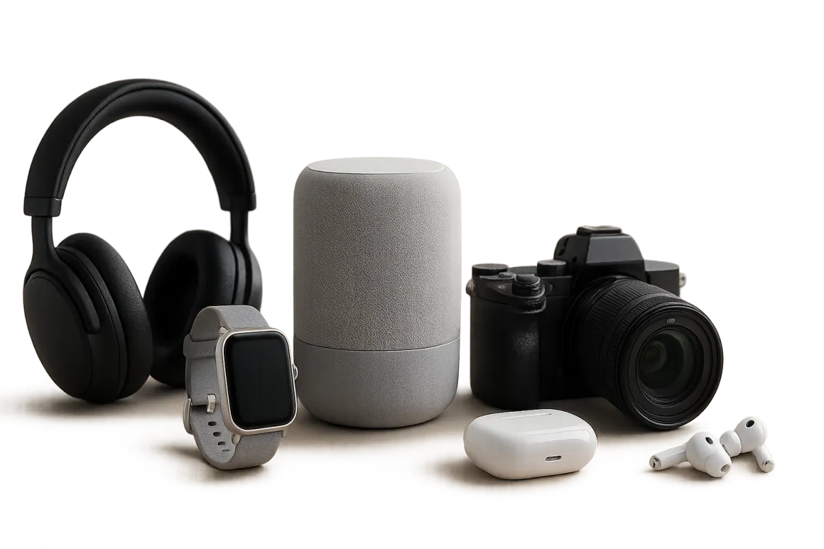 Wide lifestyle photo of a curated product layout: a neatly arranged set of top-rated consumer gadgets on a light neutral tabletop, bright natural window light, shallow depth of field, photographic style emphasizing clarity and product detail for promotional landing hero.