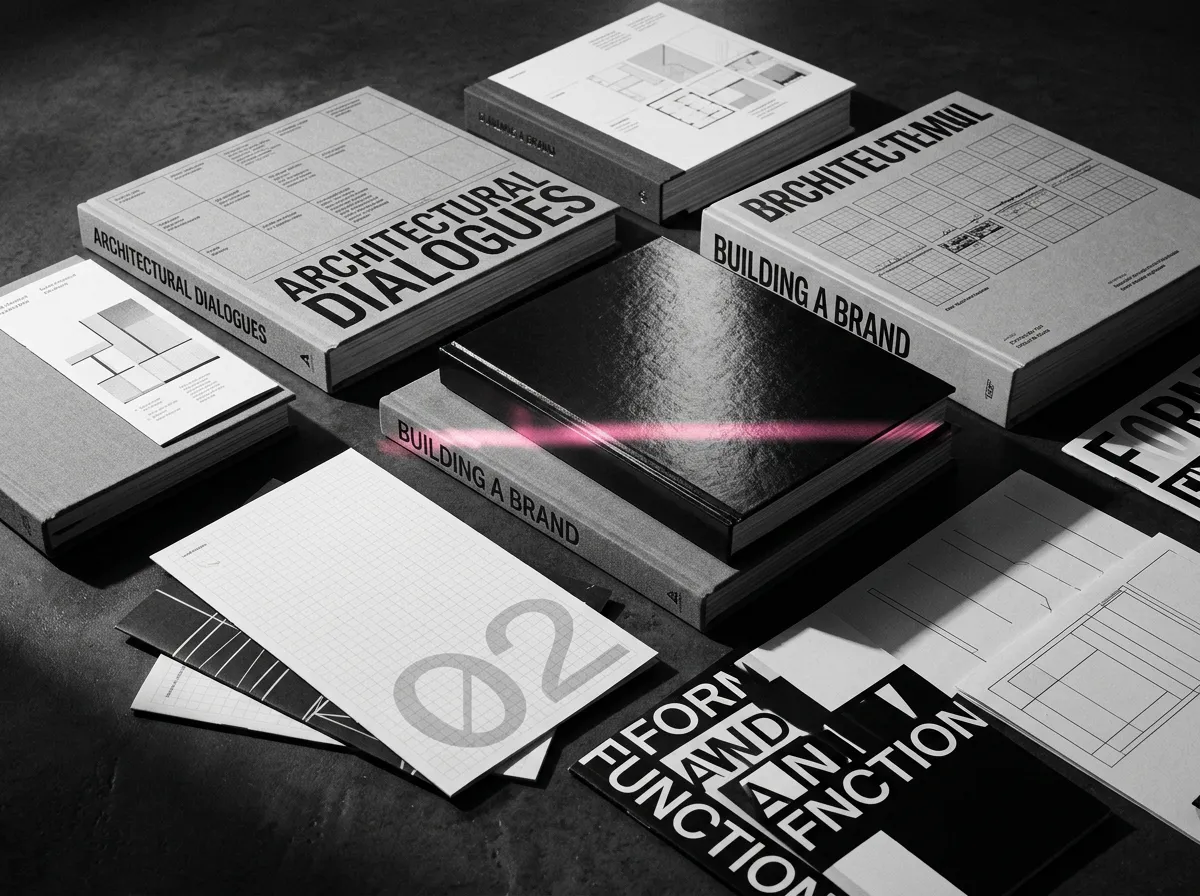 High contrast black and white typography book and brand architecture collateral