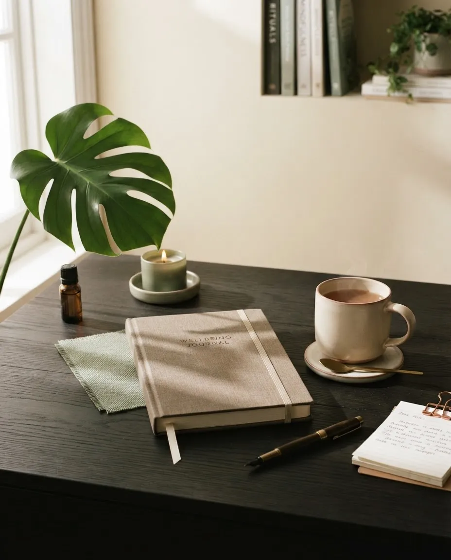 Serene and organized editorial workspace with tactile stationery, natural light, and clean desktop tools
