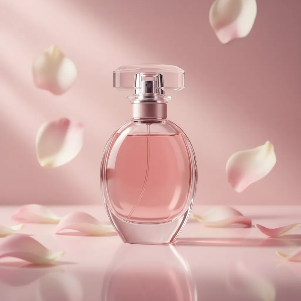 Perfume femenino sobre fondo rosa