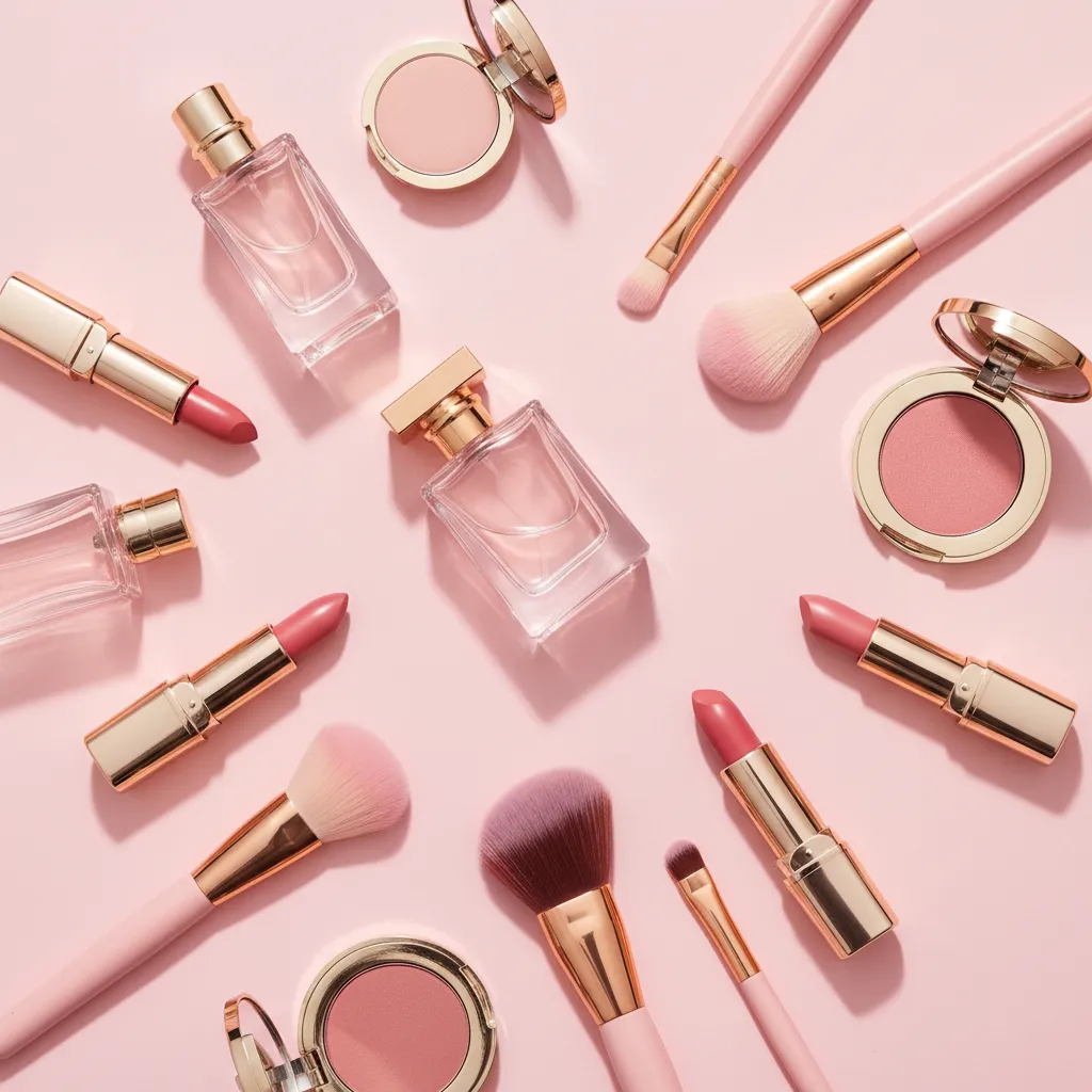 Perfumes y maquillaje sobre fondo rosa