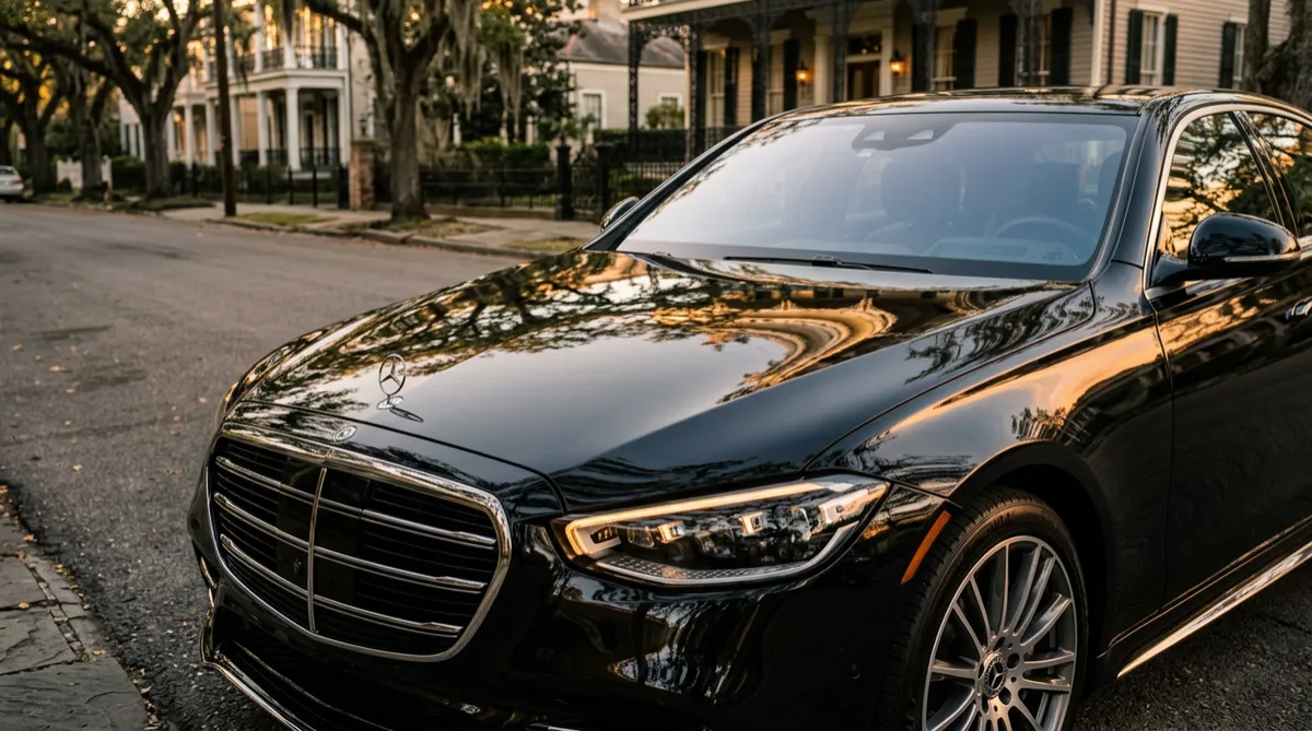 Freshly detailed luxury vehicle with high-gloss mirror finish parked under golden Louisiana afternoon sunlight