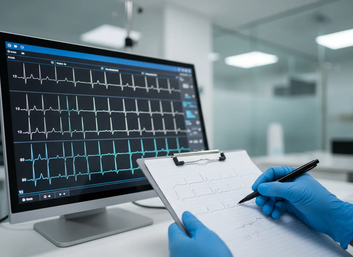ECG waveform on monitor with clinician reviewing