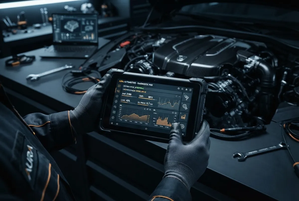 Especialista con tablet digital diagnosticando módulos electrónicos y telemetría de vehículo en laboratorio automotriz impoluto