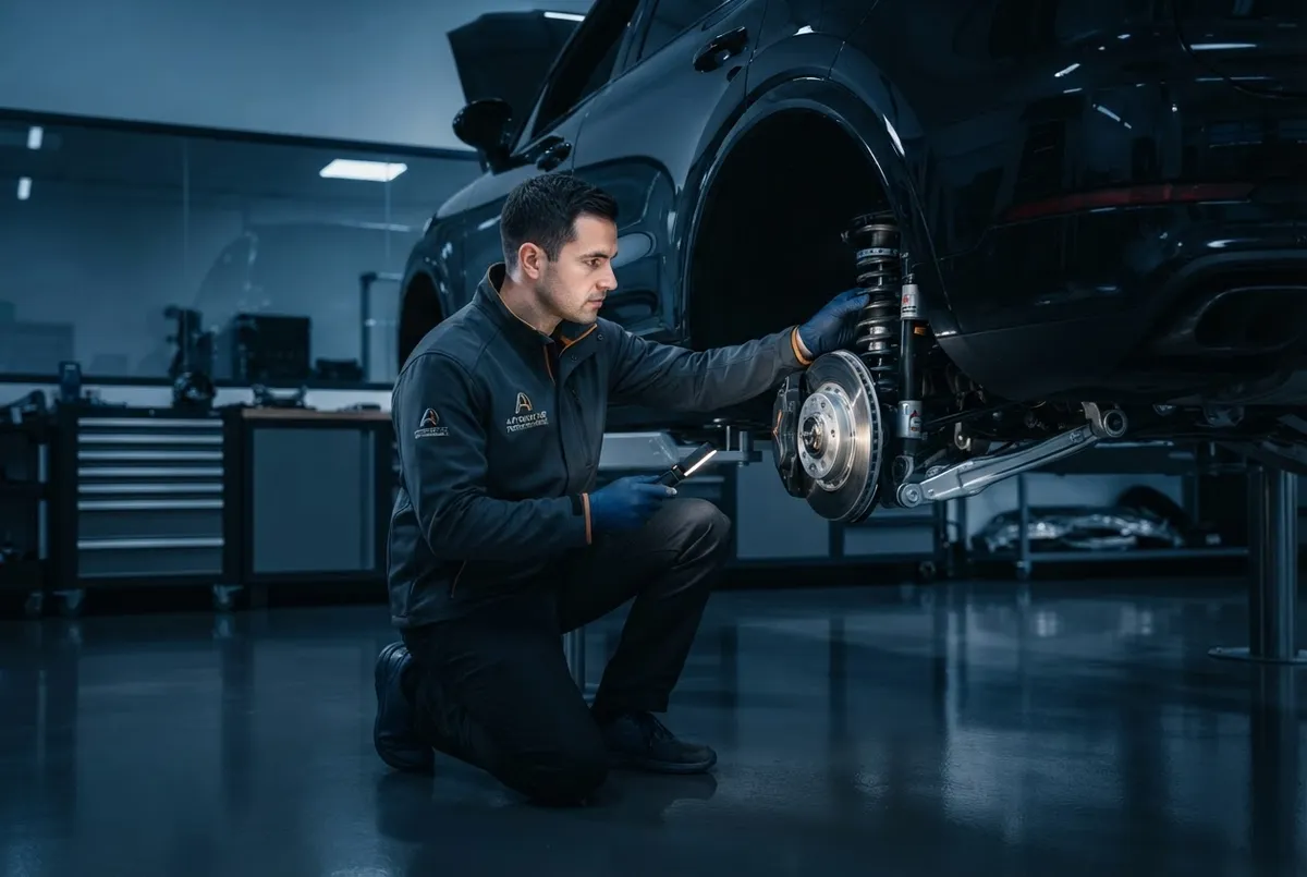Ingeniero automotriz con guantes clínicos inspeccionando la suspensión de una SUV de alta gama sobre piso epóxico inmaculado